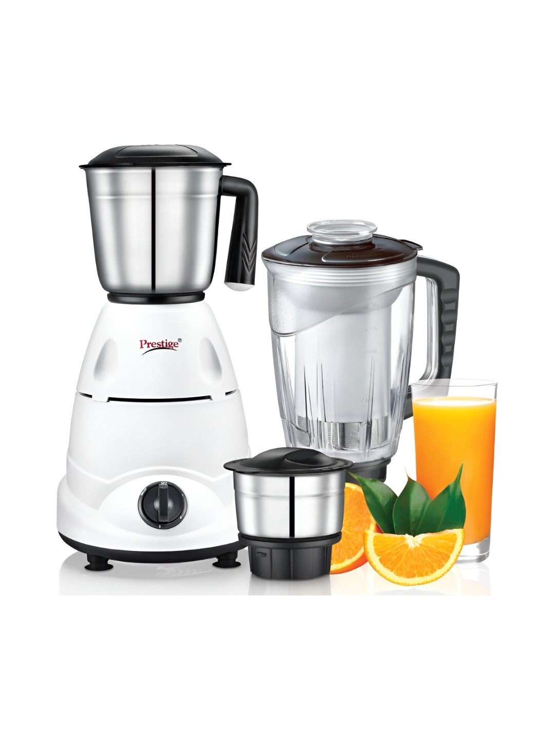 Prestige Brilliant White Stainless Steel 3 Super Efficient Blades 3 Jars Wet and Dry Grinder with Juicer-500W
