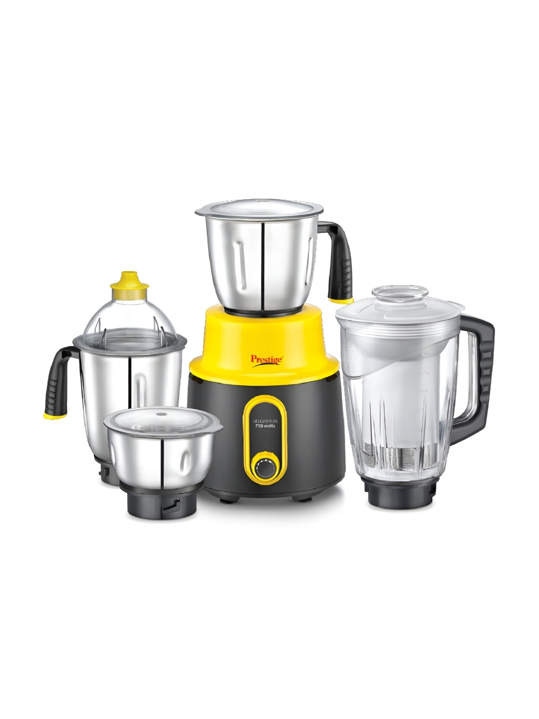 Prestige Delight Plus Yellow Stainless Steel 4 Super Efficient Blades 4 Jars Wet and Dry Grinder with Juicer-750W
