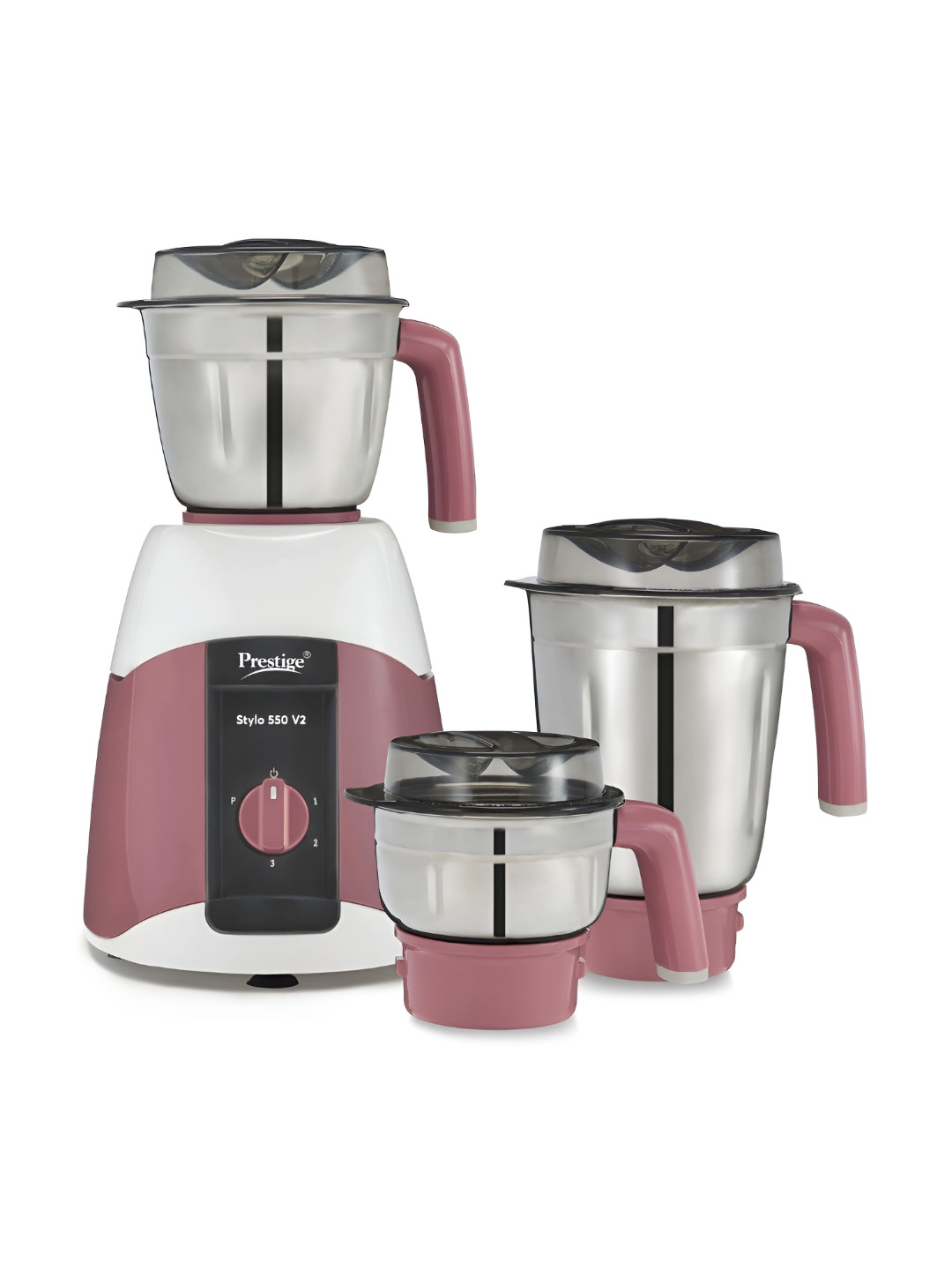 Prestige Stylo Pink Stainless Steel Safety Lock 3 Jars Wet and Dry Grinder with Juicer-550W