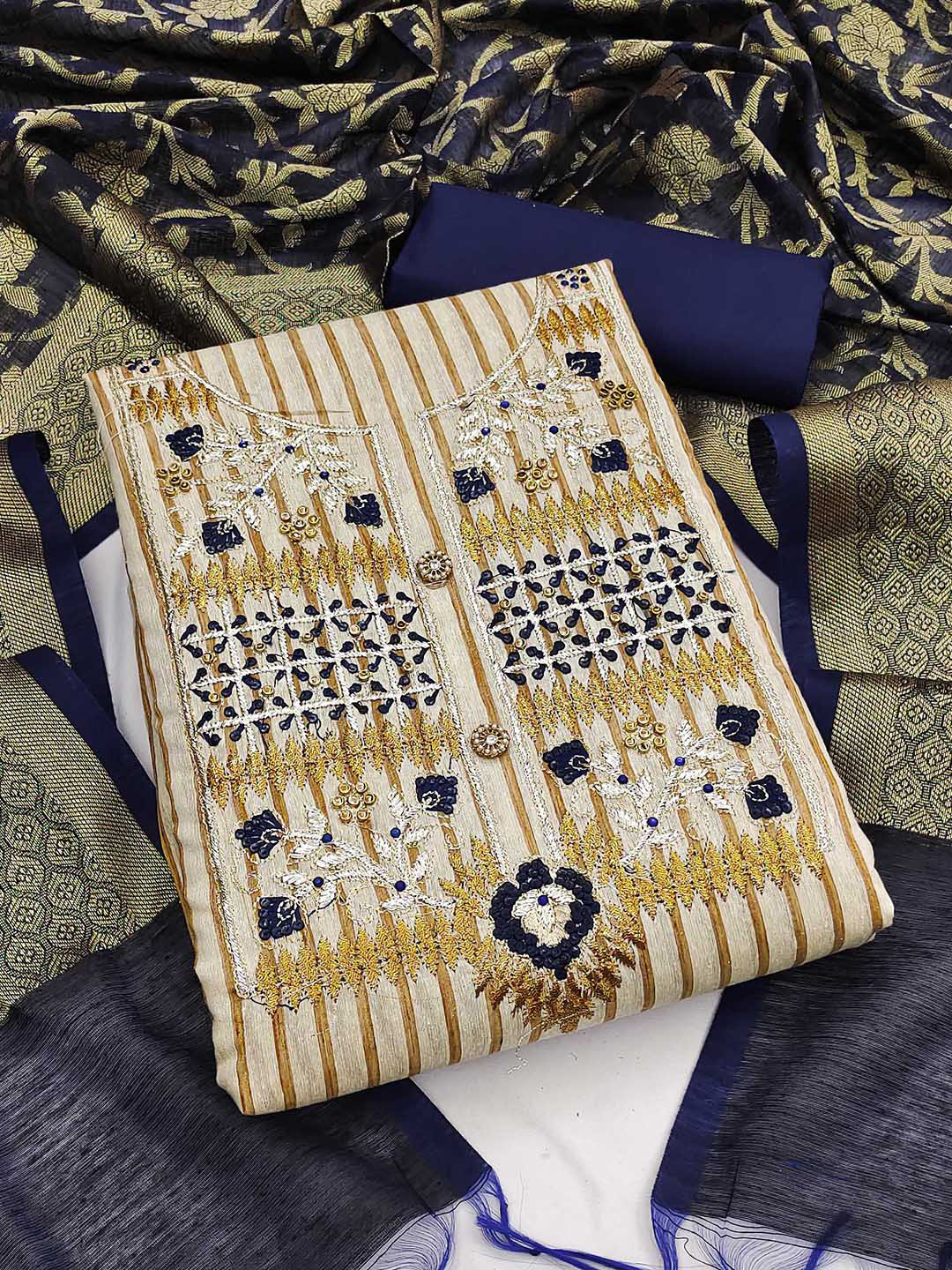 MANVAA Striped Thrad Work Unstitched Dress Material