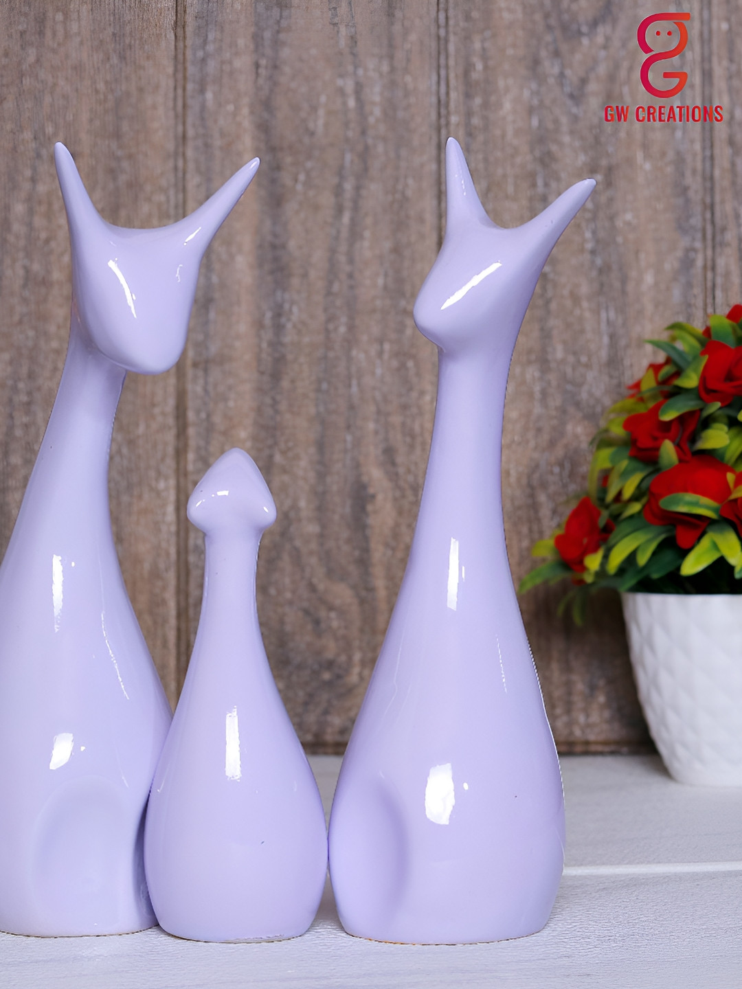 GW CREATIONS Lucky Deer Purple Ceramic Glossy Living Room Set of 3 Medium Showpieces - 9.8 Inches