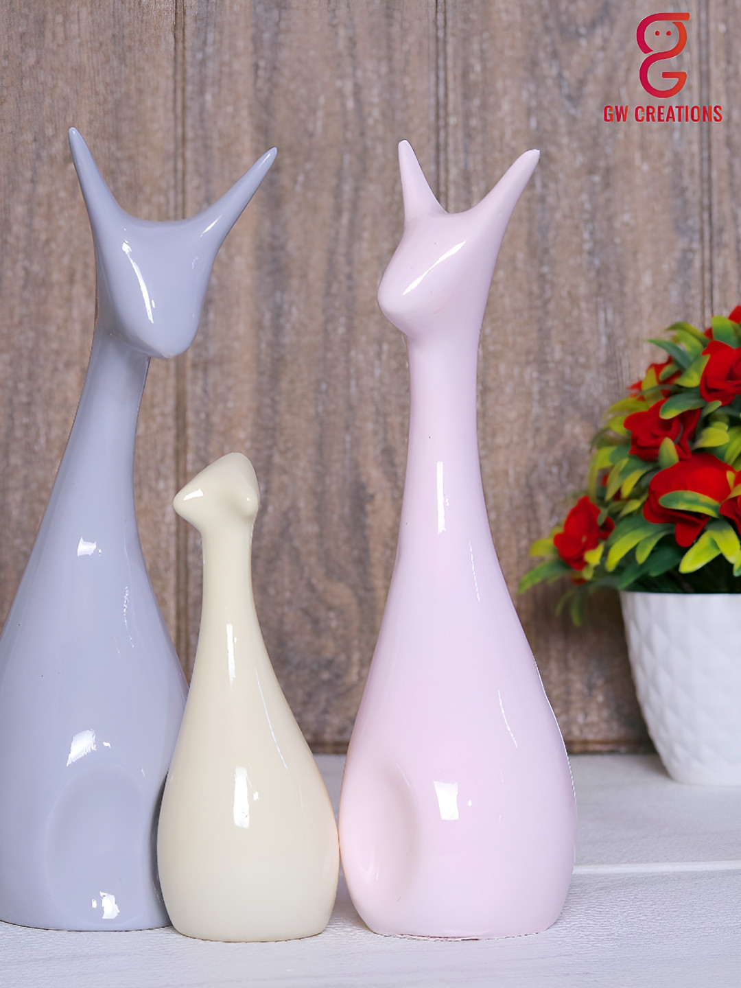 GW CREATIONS Lucky Deer Pink Ceramic Natural Living Room Set of 3 Medium Showpieces - 9.8 Inches