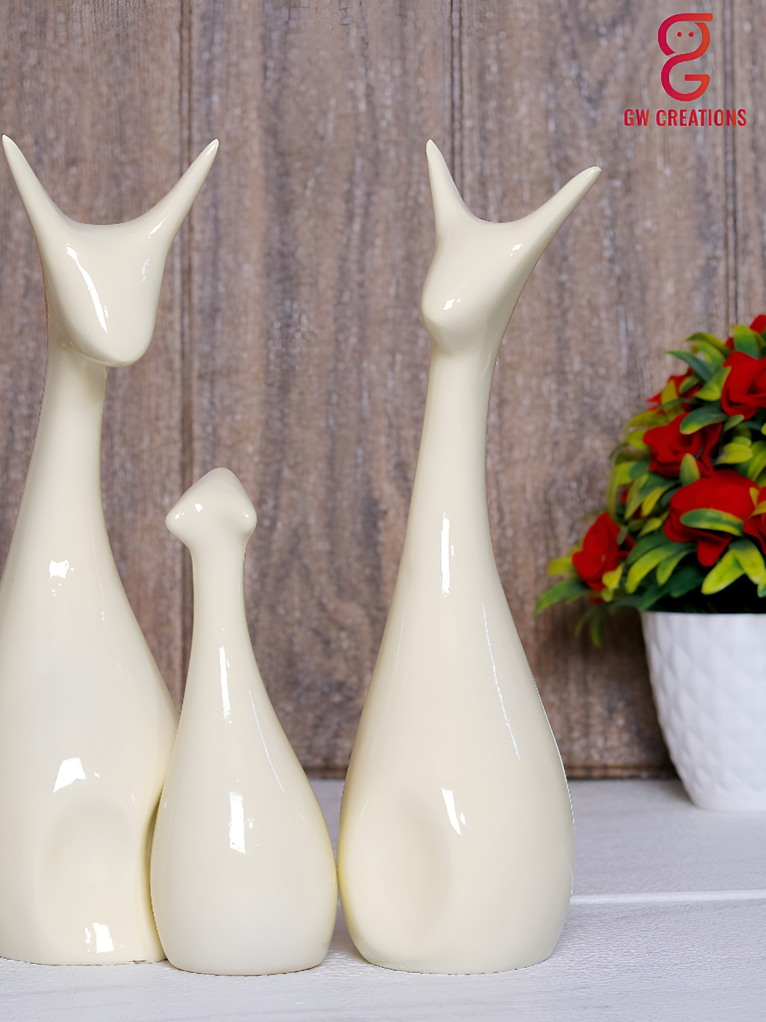 GW CREATIONS Lucky Deer Family Piano White Ceramic Glossy Living Room Set of 3 Medium Showpieces - 9.8 Inches