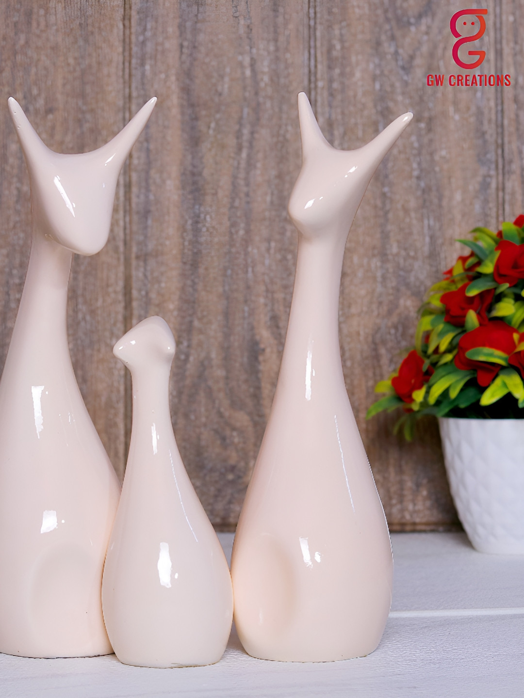 GW CREATIONS Deer Family White Ceramic Glossy Home Office Set of 3 Medium Showpieces - 9.8 Inches