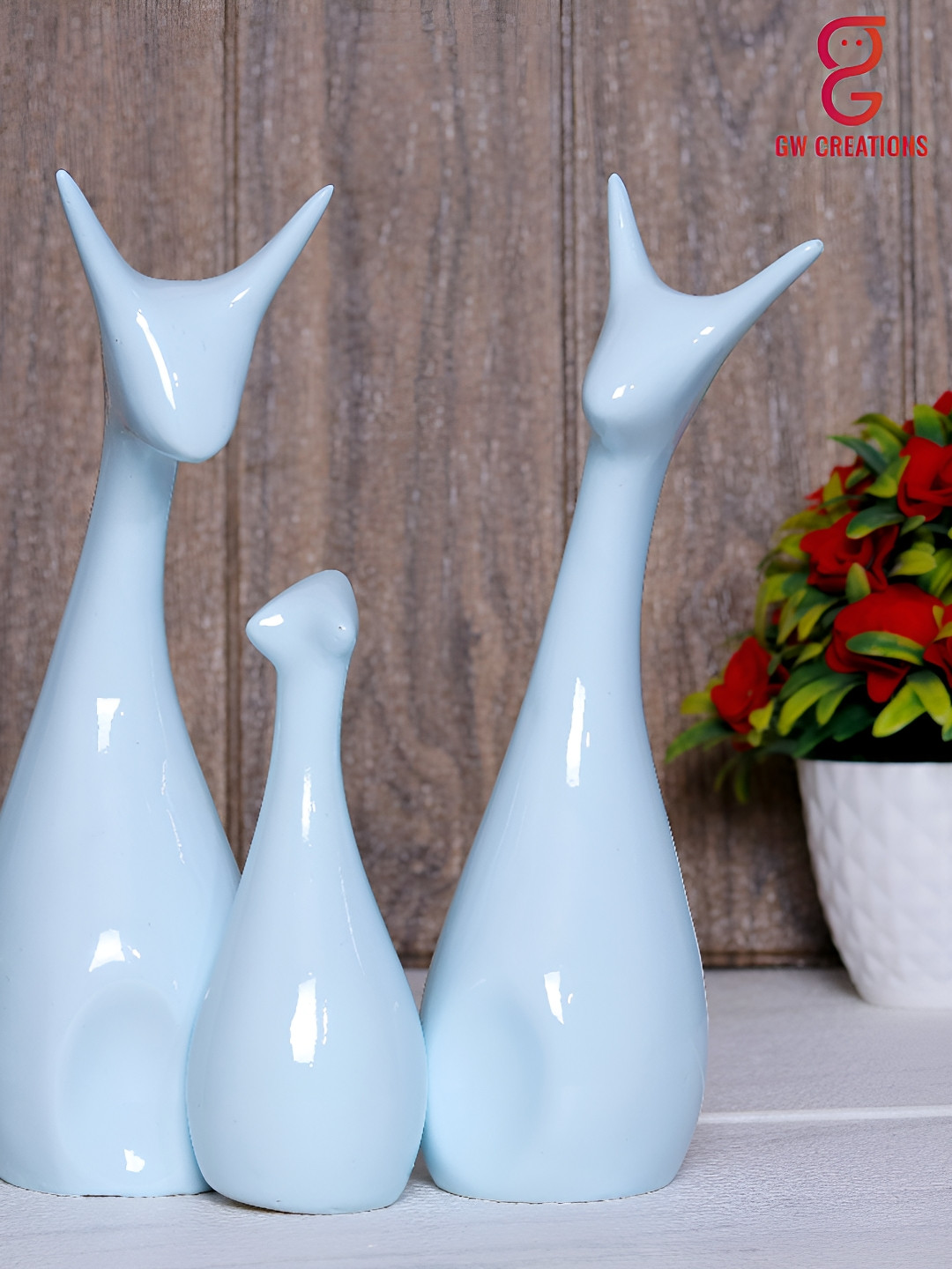 GW CREATIONS Deer Family White Ceramic Glossy Home Office Set of 3 Medium Showpieces - 9.8 Inches