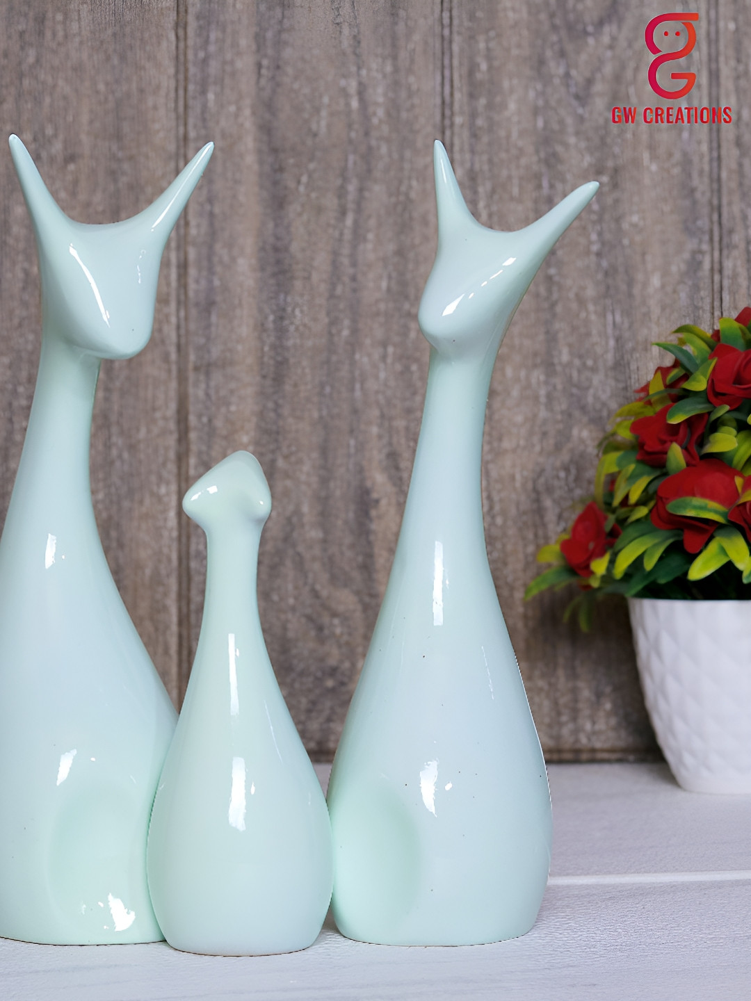 GW CREATIONS Lucky Deer Family Piano White Ceramic Glossy Living Room Set of 3 Medium Showpieces - 9.8 Inches