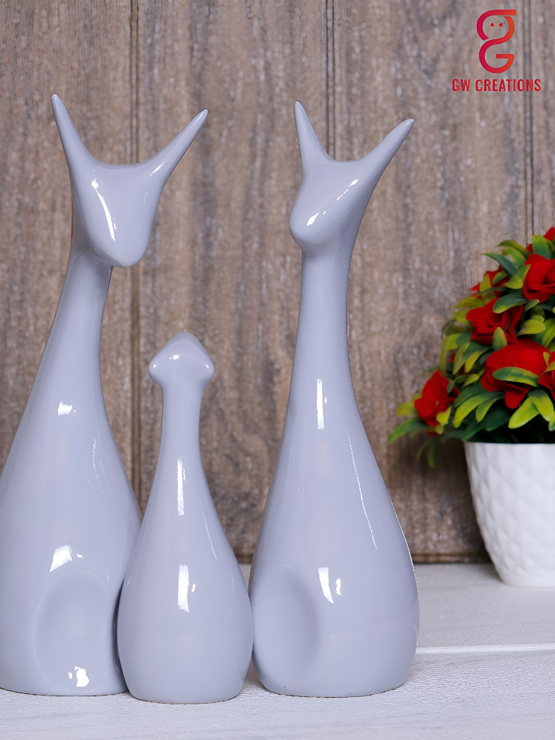GW CREATIONS Lucky Deer White Ceramic Glossy Living Room Set of 3 Medium Showpieces - 9.8 Inches