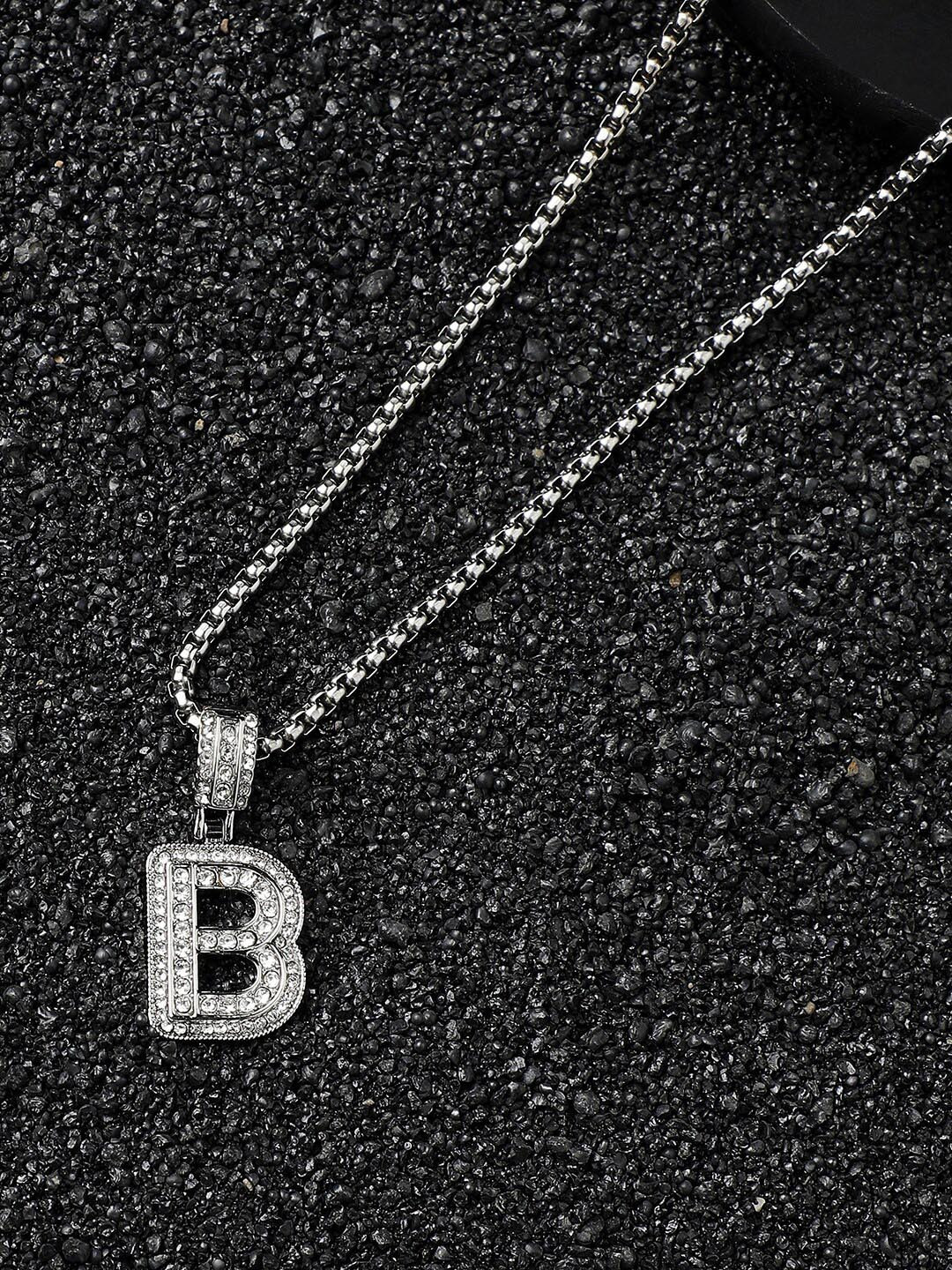 French Accent Men Silver-Plated Embellished B Alphabet Pendant With Chain