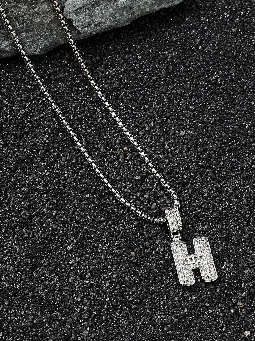 French Accent Men Silver-Plated Embellished H Alphabet Pendant With Chain