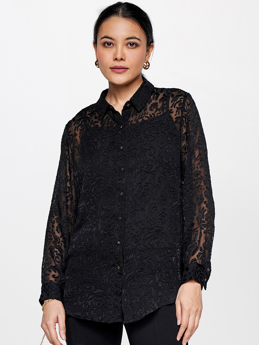 AND Self Design Lace Detail Shirt Style Top