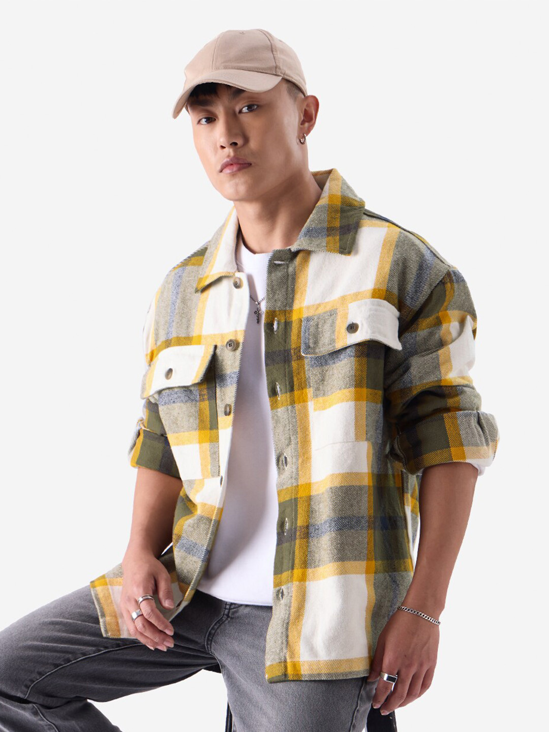 The Souled Store White Tartan Checks Flannel Pure Cotton Oversized Shacket