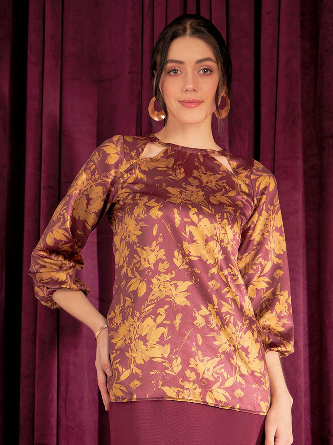 SALT ATTIRE Floral Print Puff Sleeve Cut Out Top