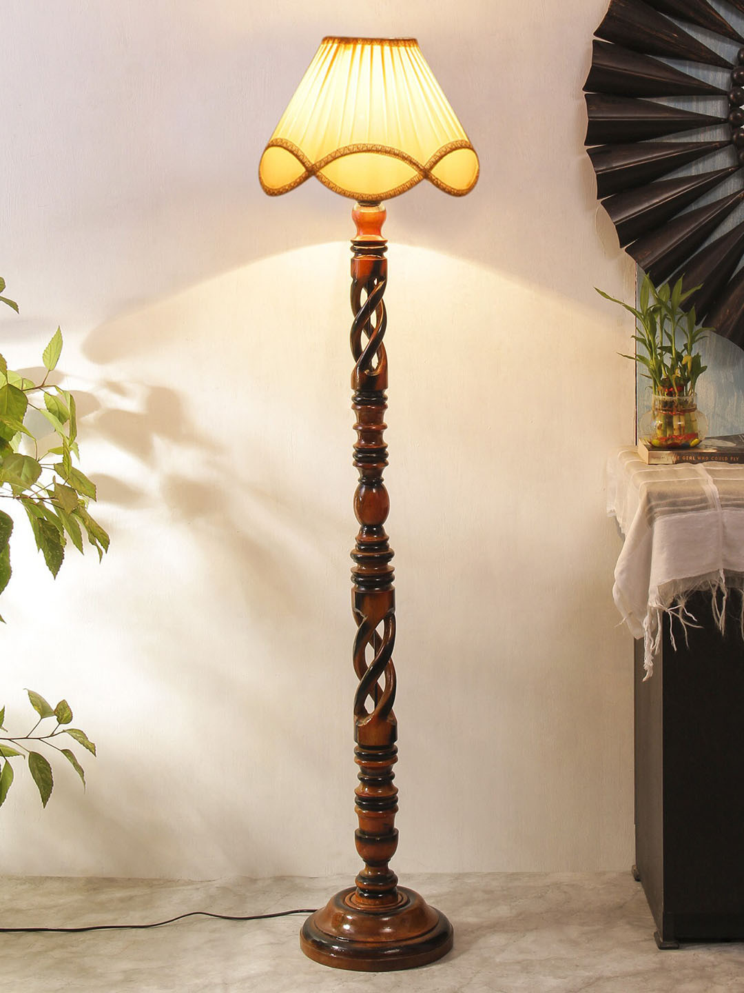 Devansh White & Brown Open Snake Textured Wooden Floor Lamp With Cotton Shade