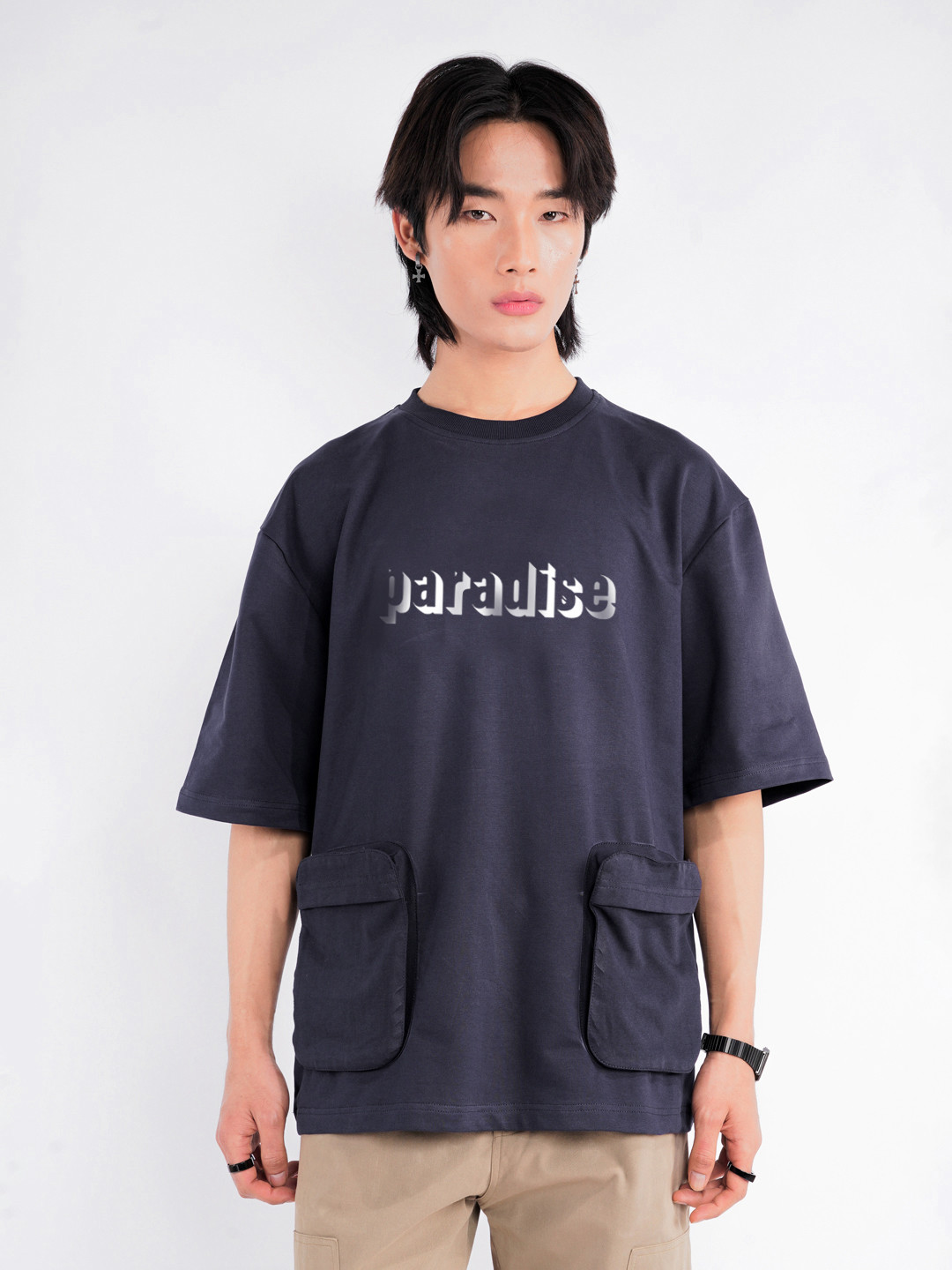 UNRL Oversized Typography Printed Drop-Shoulder Pocket T-shirt