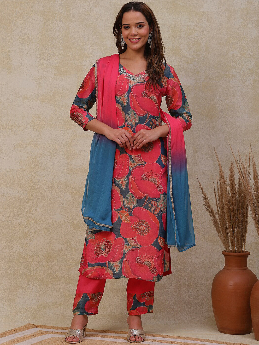 FASHOR Peach-Coloured Floral Printed Zari & Cutdana Work Kurta with Trousers & Dupatta