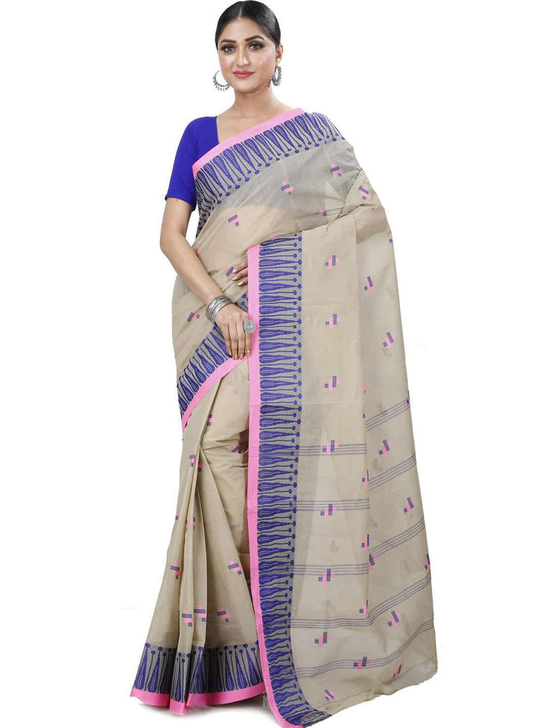 PuJoy Geometric Woven Design Pure Cotton Simar Bengali Taant Saree