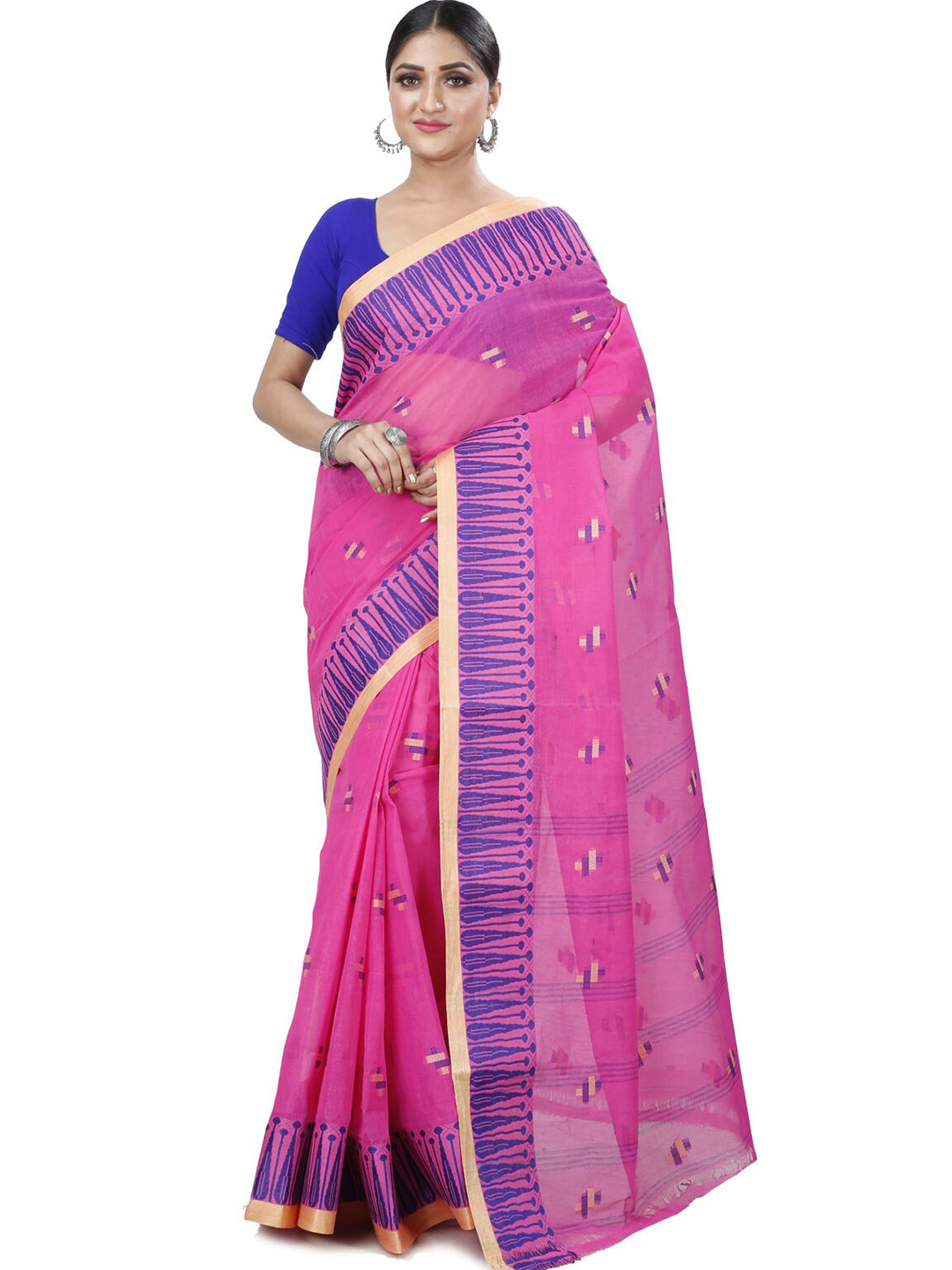 PuJoy Geometric Woven Design Pure Cotton Simar Bengali Taant Saree