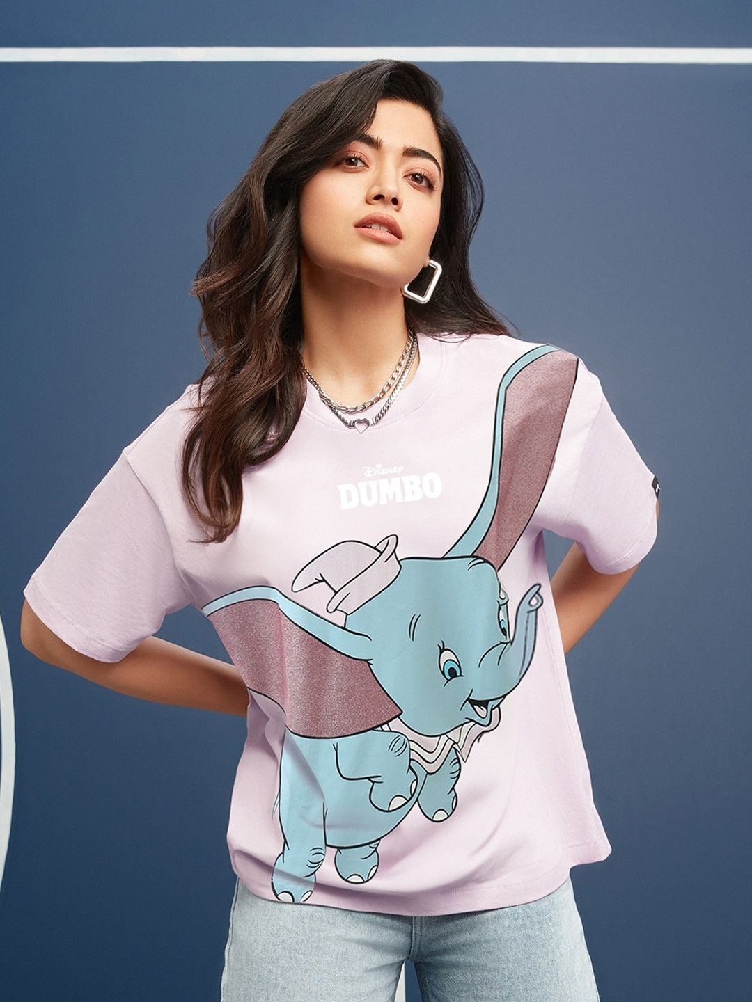 Bewakoof Pink & Blue Dumbo Printed Drop-Shoulder Sleeves Pure Cotton Oversized T-shirt