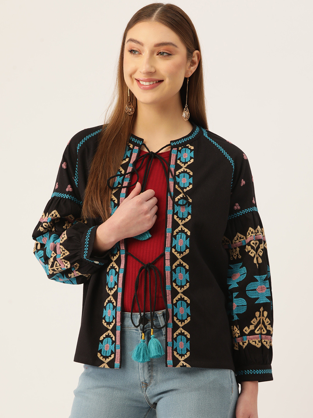 Jaipur Morni Geometric Lightweight  Pure Cotton Tailored Jacket with Embroidered Detail