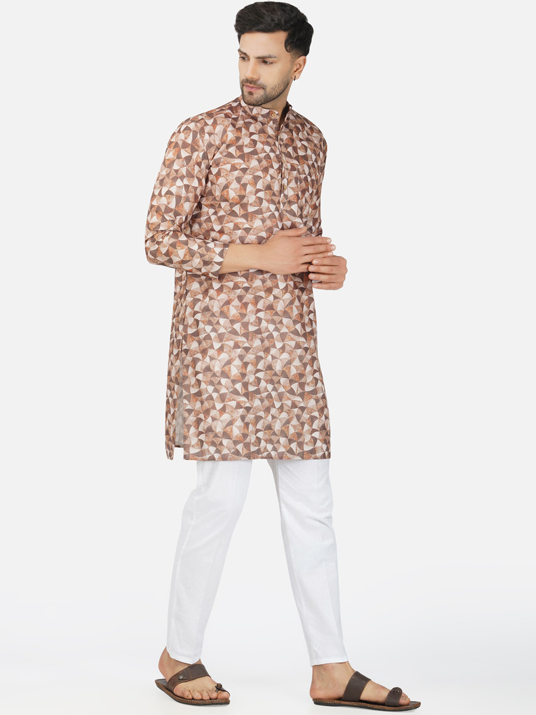 BASE 41 Geometric Printed Mandarin Collar Long Sleeves Regular Kurta With Pyjamas