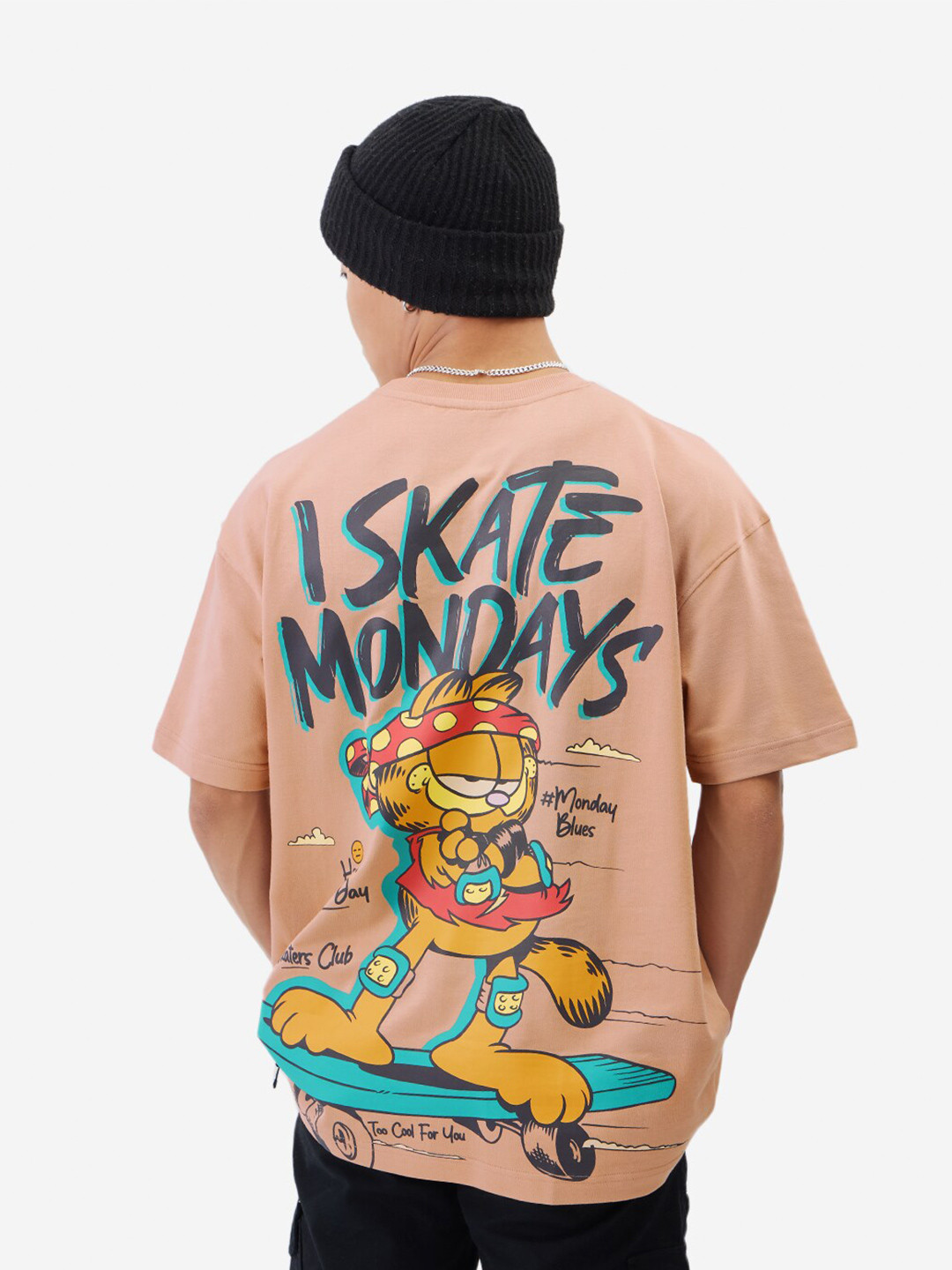 The Souled Store Nude-Coloured Garfield Printed Pure Cotton Oversized T-shirt