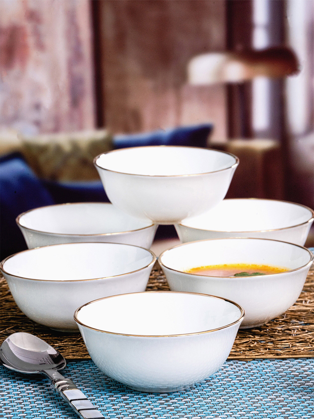 SONAKI White & Gold Toned 6 Pieces Floral Printed Bone China Glossy Bowls 220 ML Each