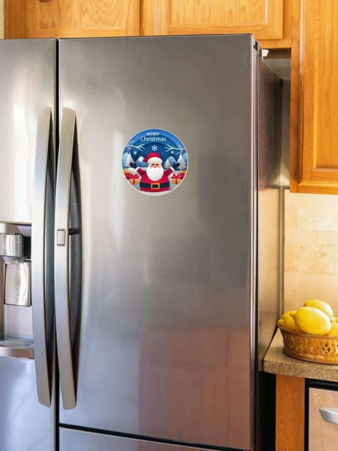 THEYAYACAFE Blue & Red Round Shape Printed Santa with Cute Teddy Bear Fridge Magnet
