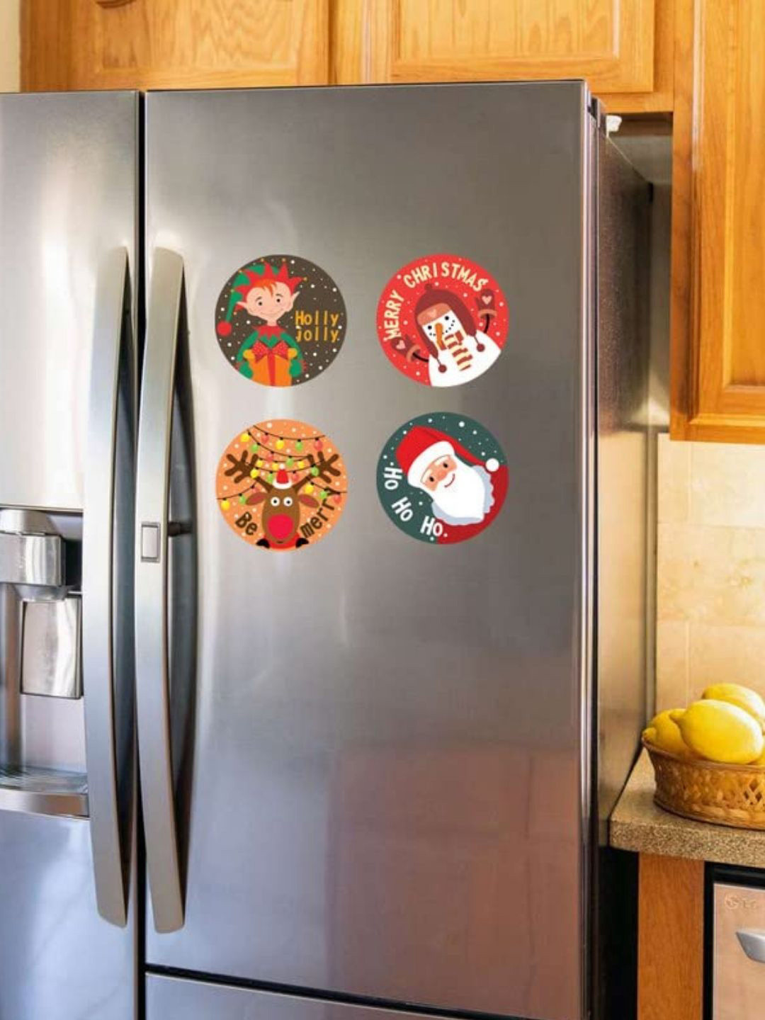 THEYAYACAFE 4 Pcs Red & Blue Christmas Printed BPA Free Round Fridge Decorative Magnets