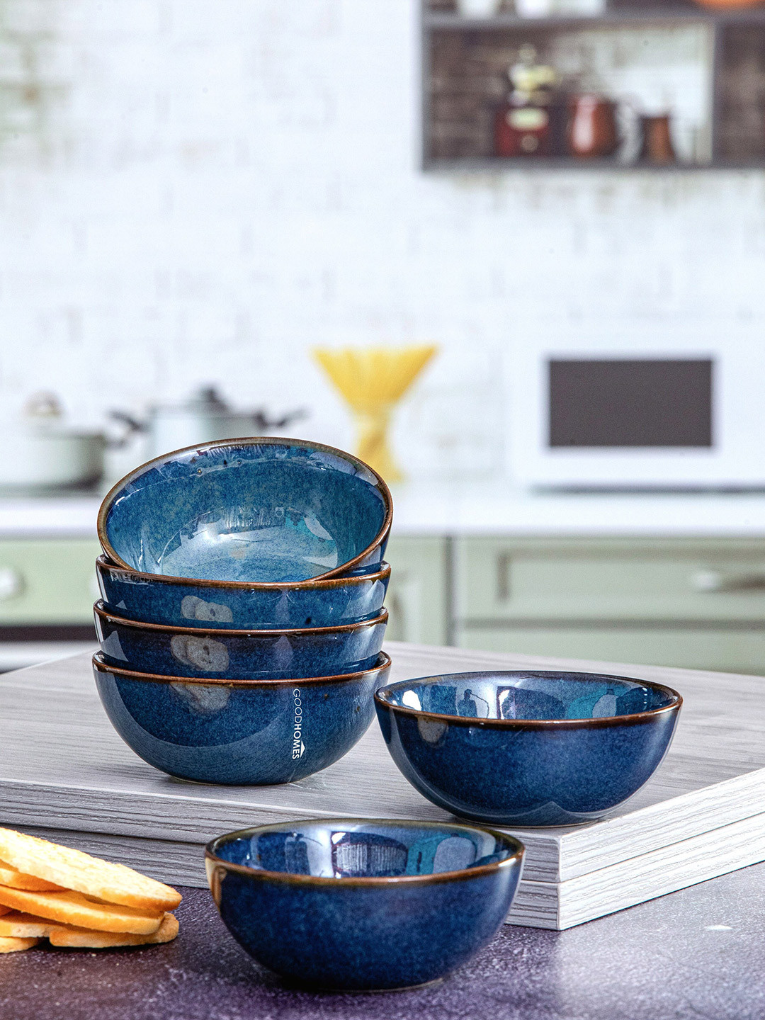 GOODHOMES Blue 6 Pieces Floral Printed Stoneware Glossy Veg Bowls