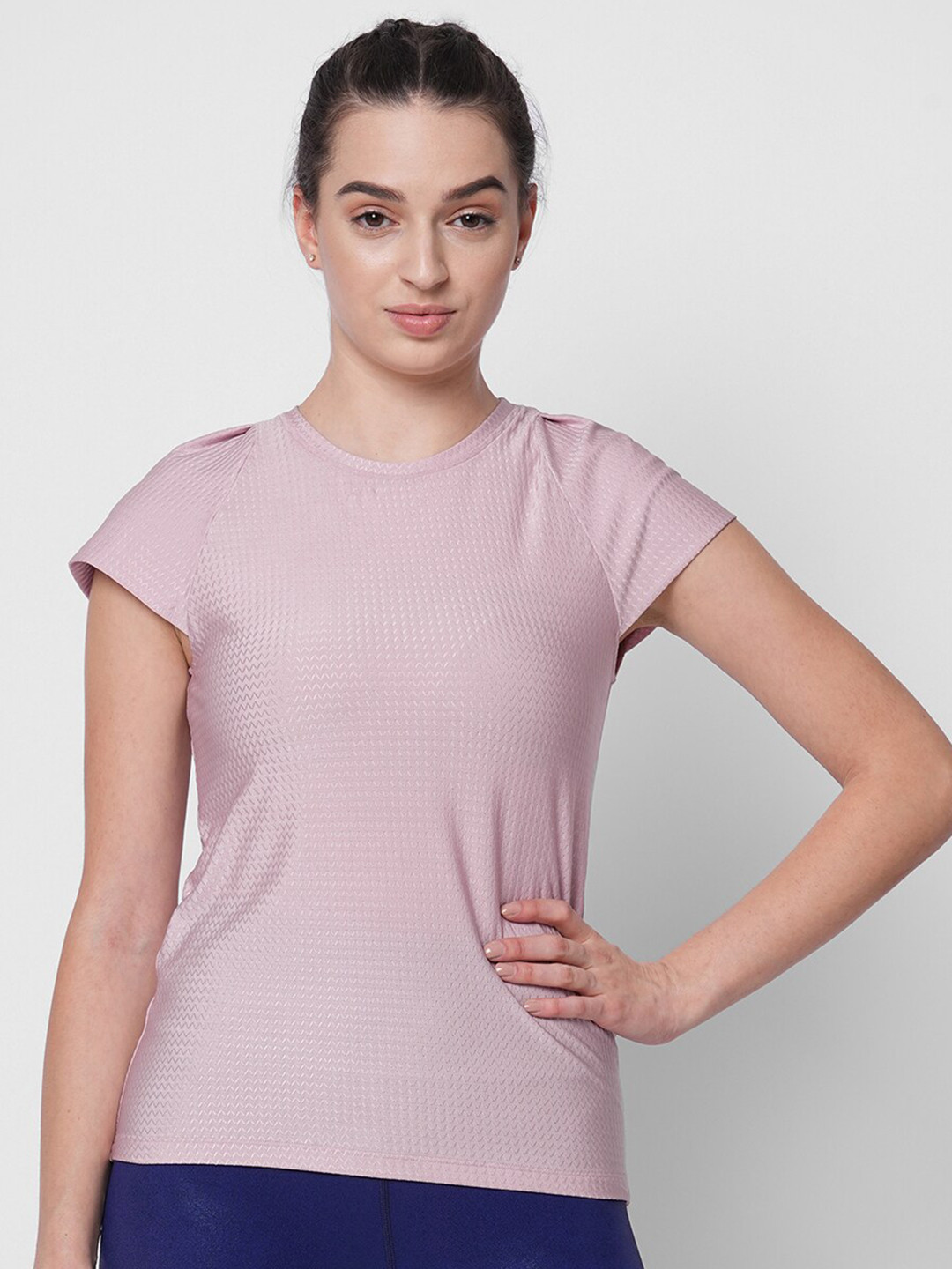 Fitkin Women Pink Self Design Back Key Hole Design T-shirt