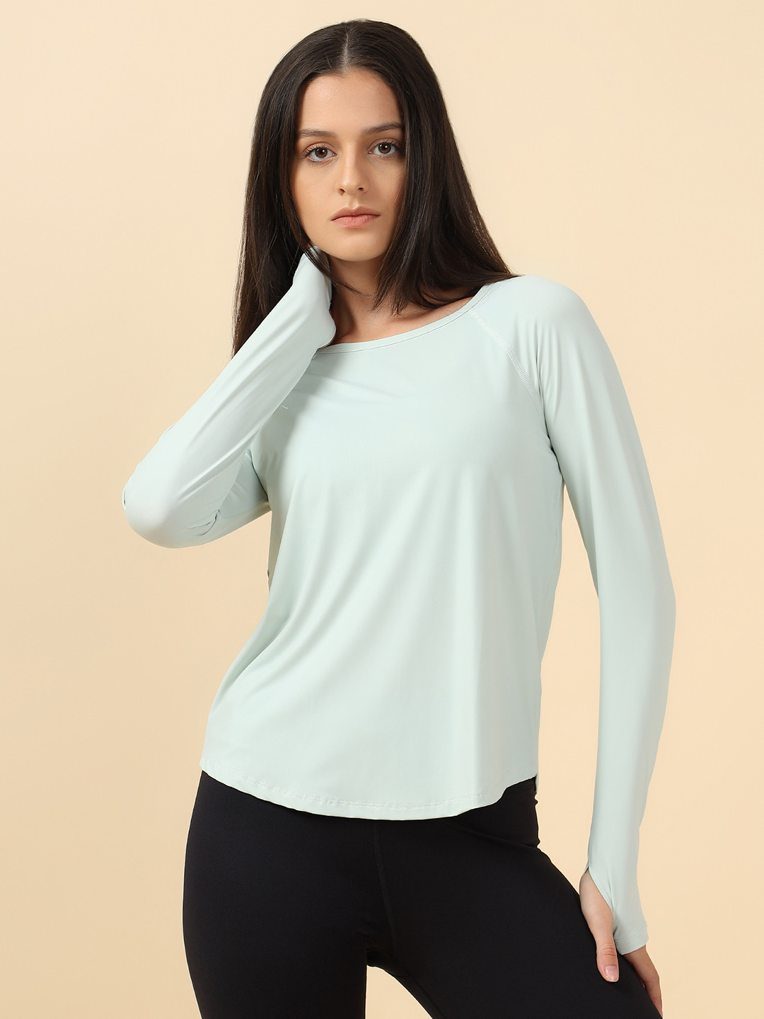 Fitkin Women Mint Green Solid Long Sleeve Traning T-shirt