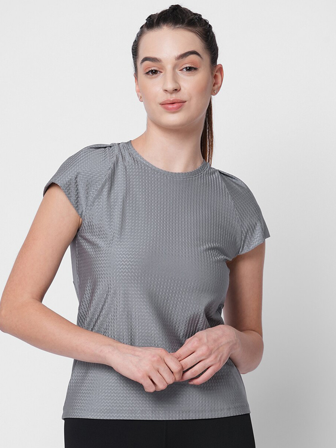 Fitkin Women Grey Self Design Back Key Hole Design T-shirt