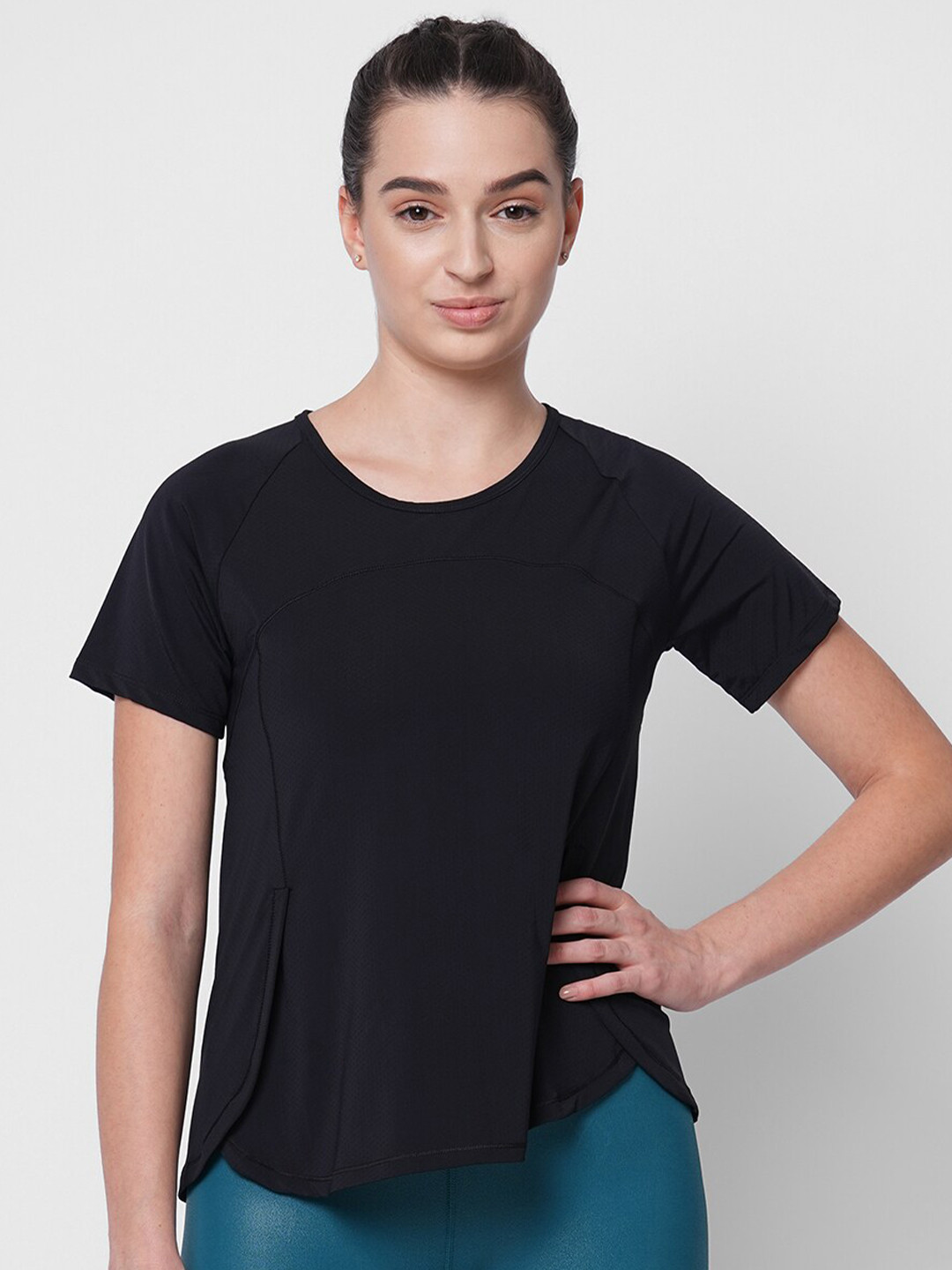 Fitkin Women Black Self Design Side Overlap T-shirt