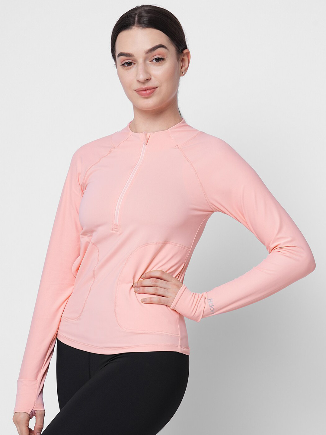 Fitkin Women's Pink 1/4 Front Zip Long Sleeve Badminton T-shirt