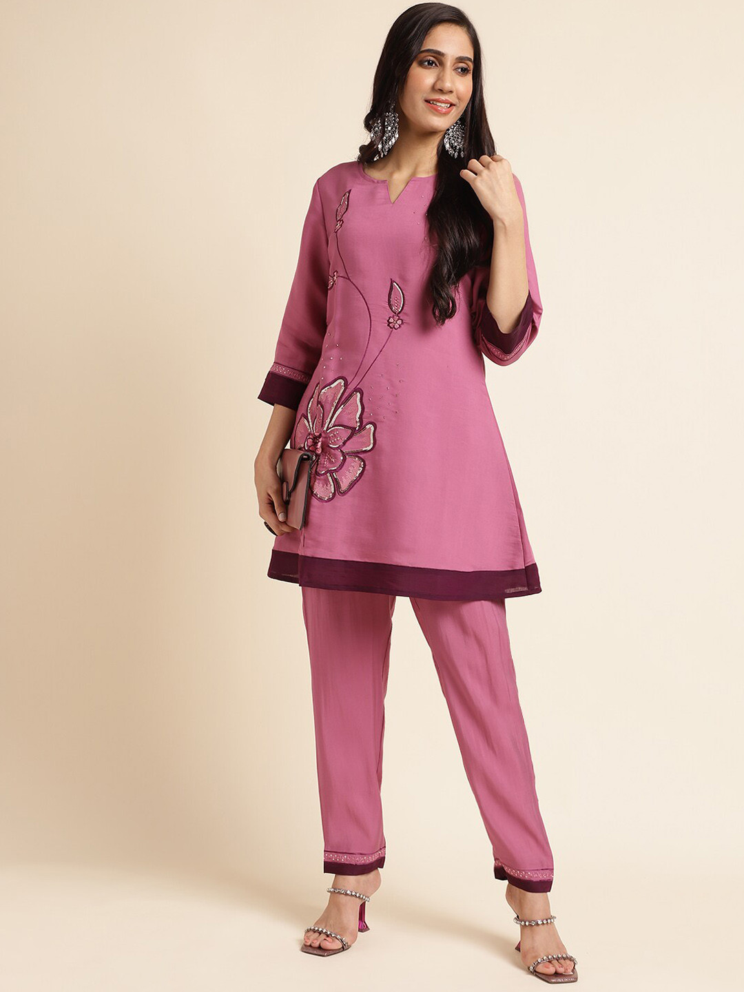FABMORA Floral Embroidered Mandarin Collar Pure Silk Tunic With Trouser Co-ords