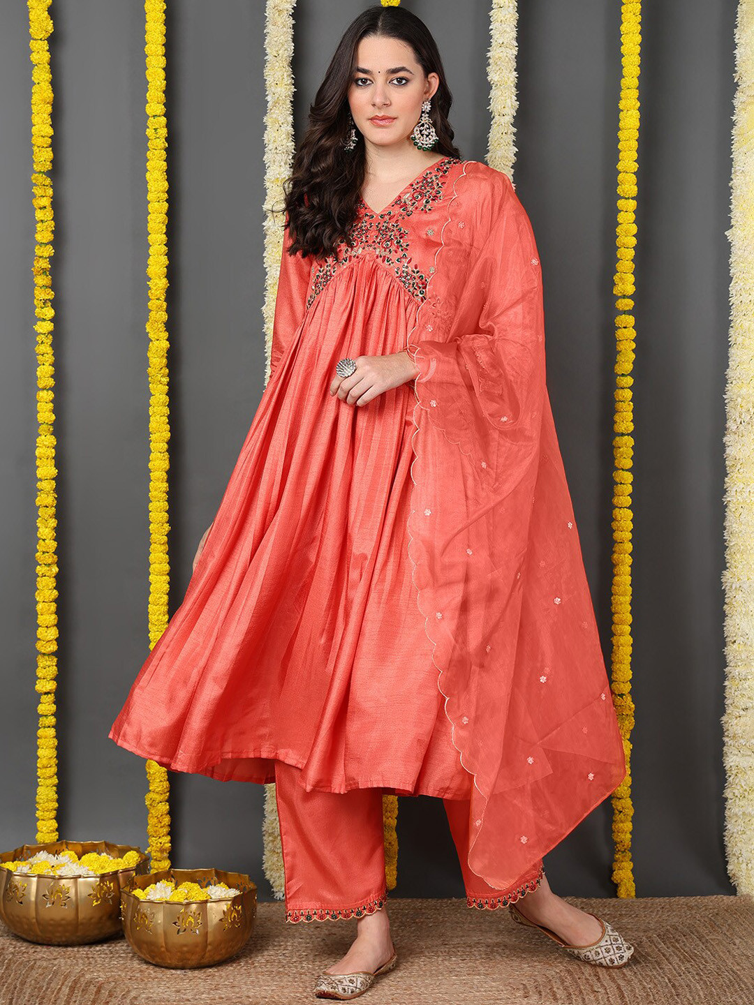 AHIKA Orange-Coloured Ethnic Motifs Yoke Design Anarkali Kurta & Trouser With Dupatta