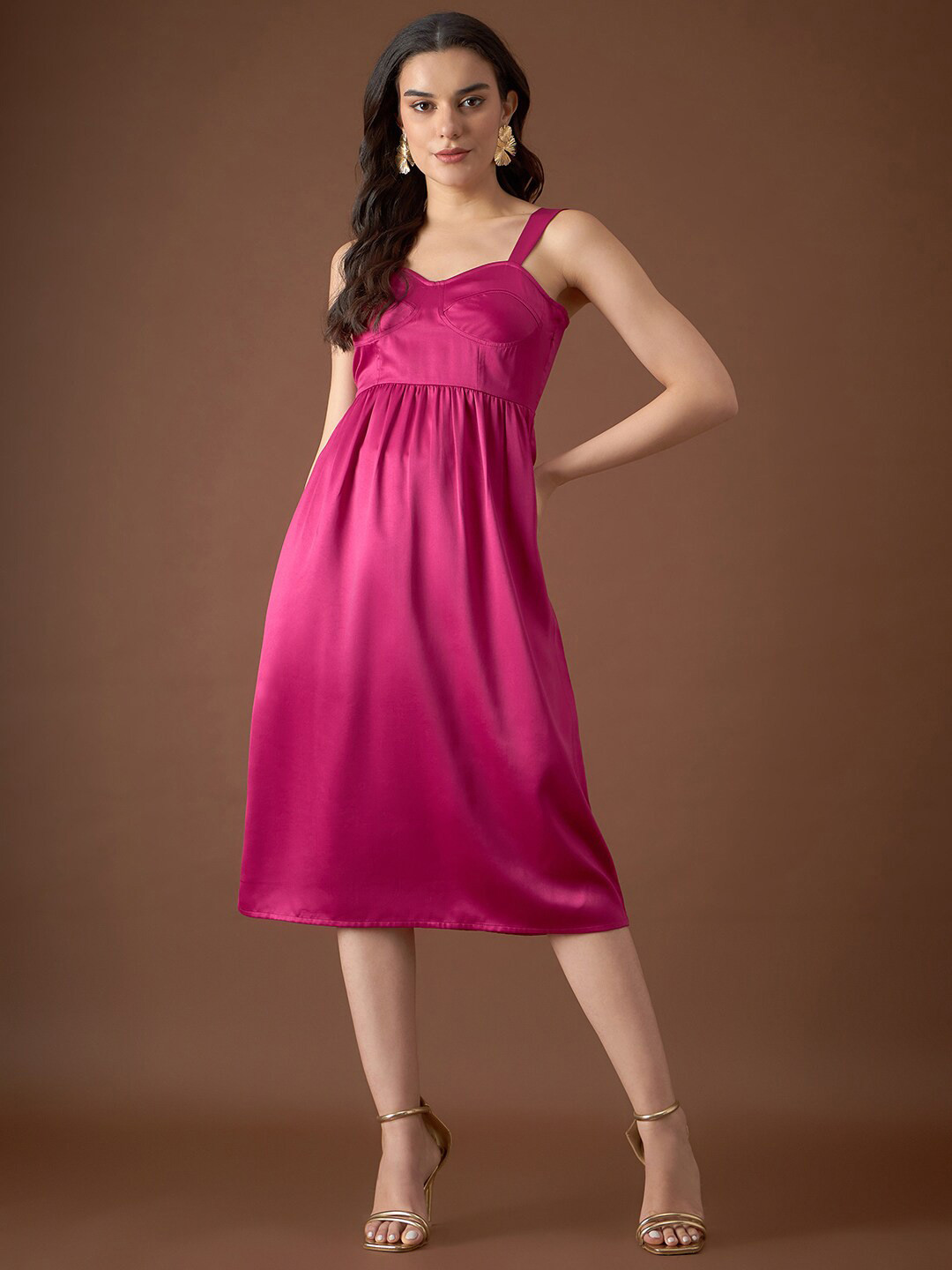 MABISH by Sonal Jain Pink Shoulder Strap Satin Fit & Flare Midi Dress