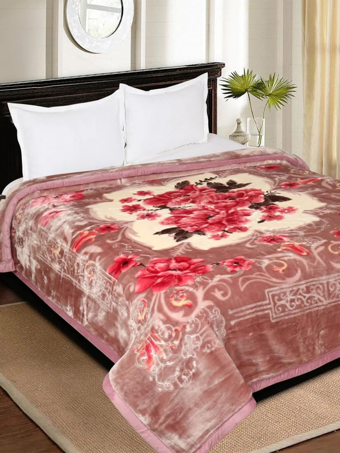 Signature Pink & Beige Floral Microfiber Heavy Winter Double Bed Blanket
