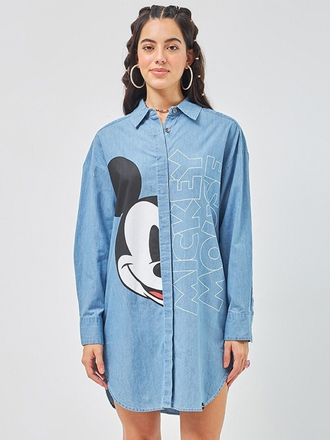 Bewakoof Mickey Mouse Printed Super Loose Fit Shirt Style Denim Dress