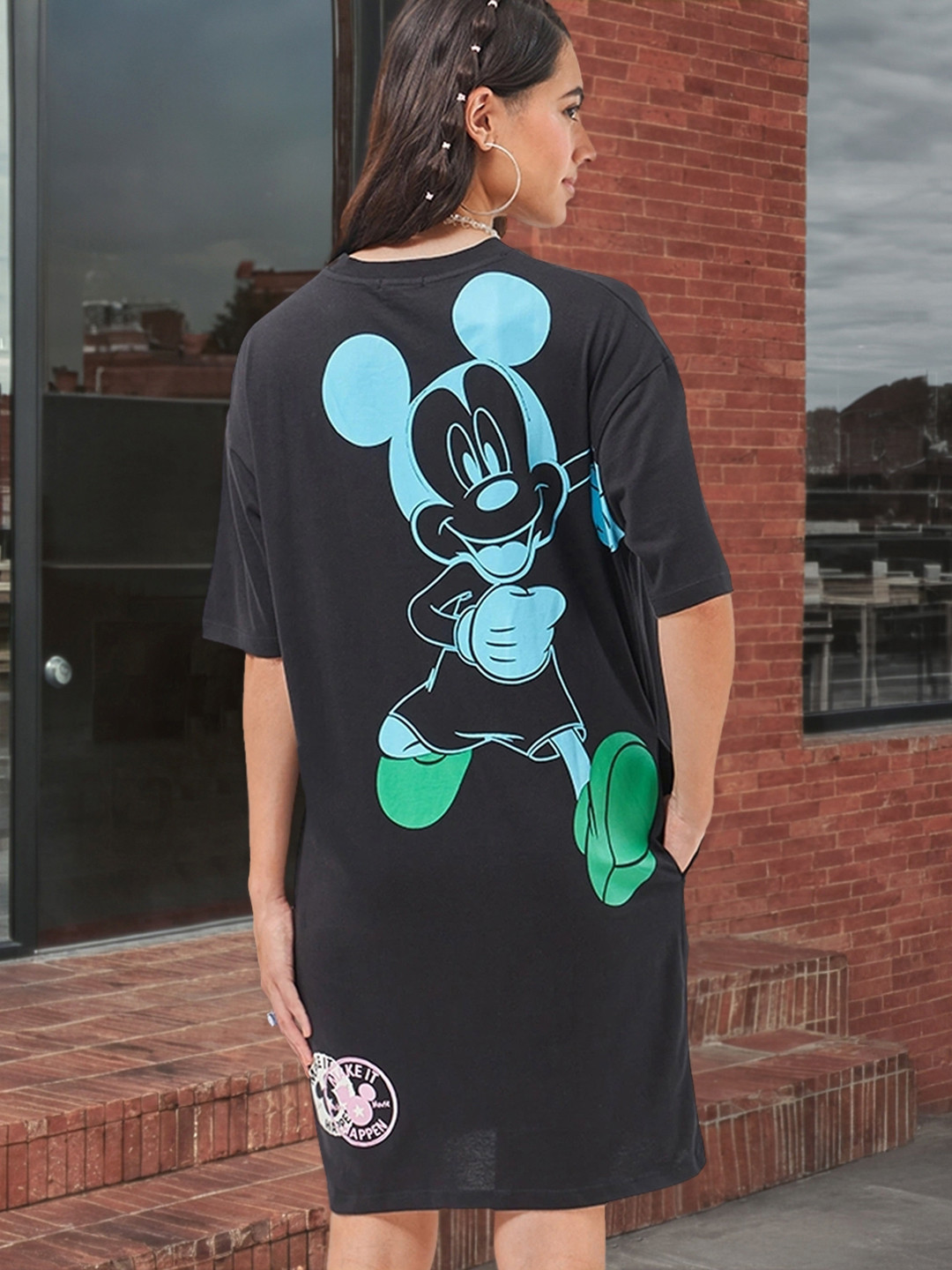 Bewakoof Mickey Mouse Printed Oversized Pure Cotton T-shirt Dress