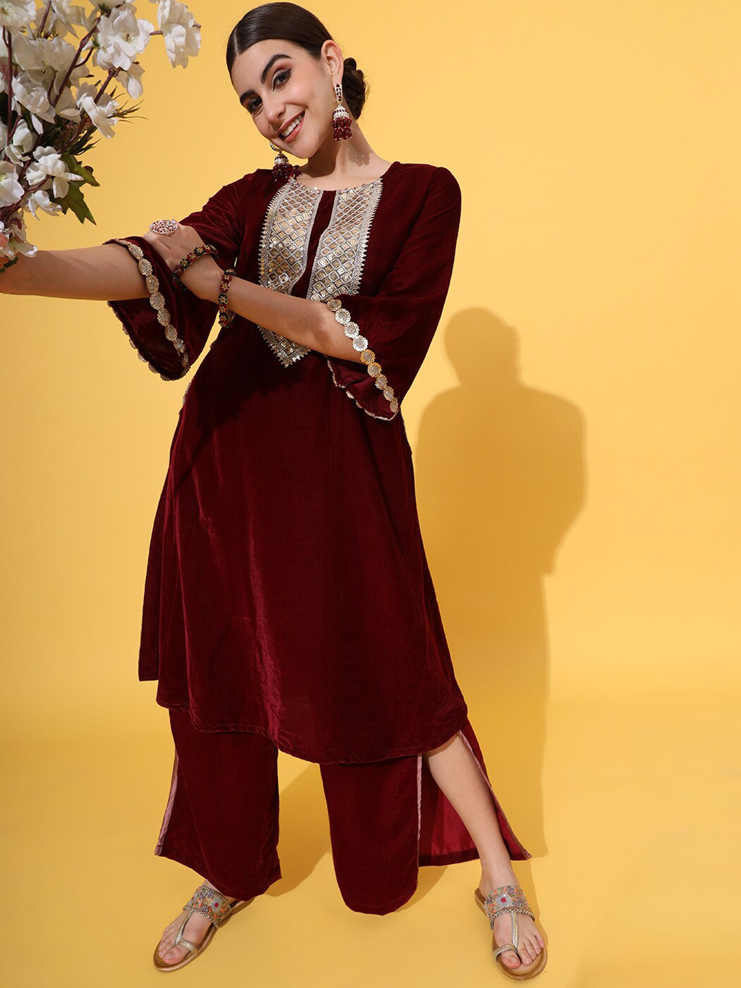 JAIPUR PRIME Ethnic Motifs Yoke Designed Regular Sequined Kurta With Trousers