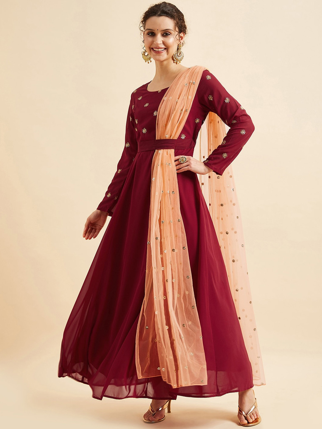 PANIT Maroon Embellished Round Neck Ethnic Dresses With Attached Dupatta