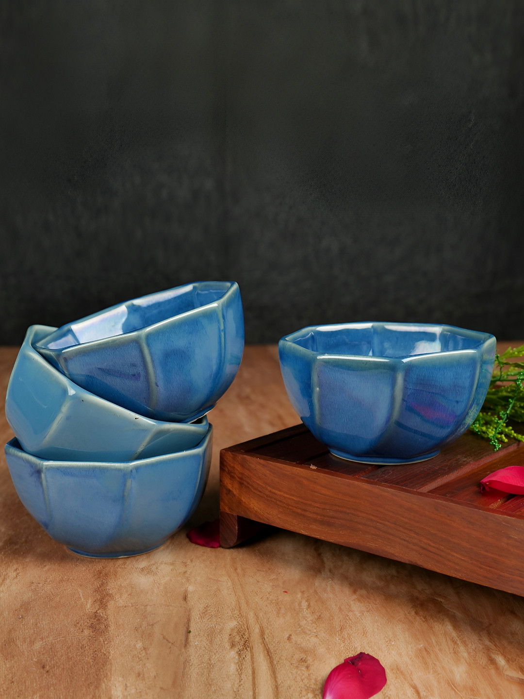 ARTYSTA BEAUTIFYING LIVES Blue & Olive 4 Pieces Textured Ceramic Glossy Bowls