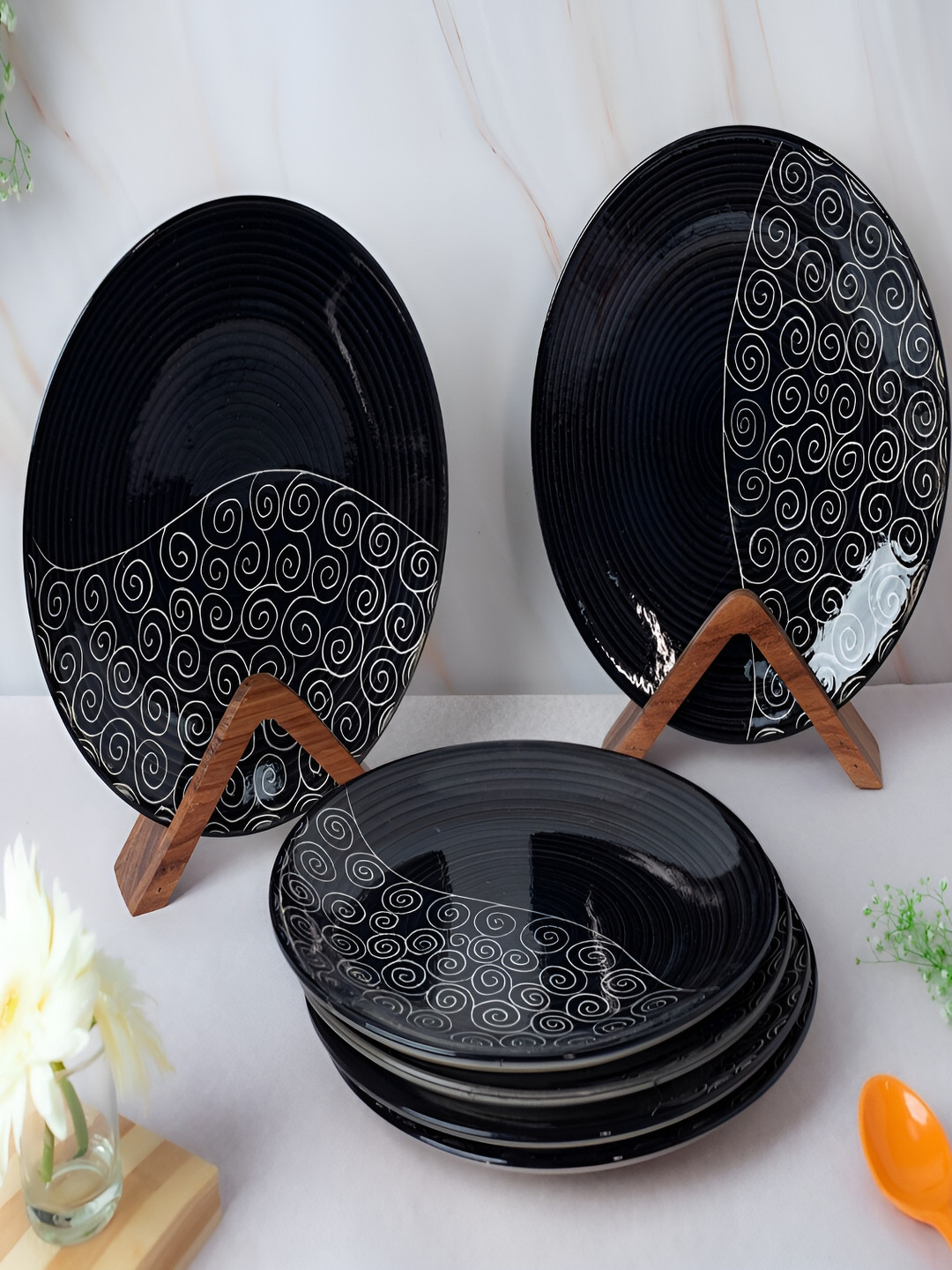 ARTYSTA BEAUTIFYING LIVES Black & White 6 Pieces Printed Ceramic Glossy Dinner Plates