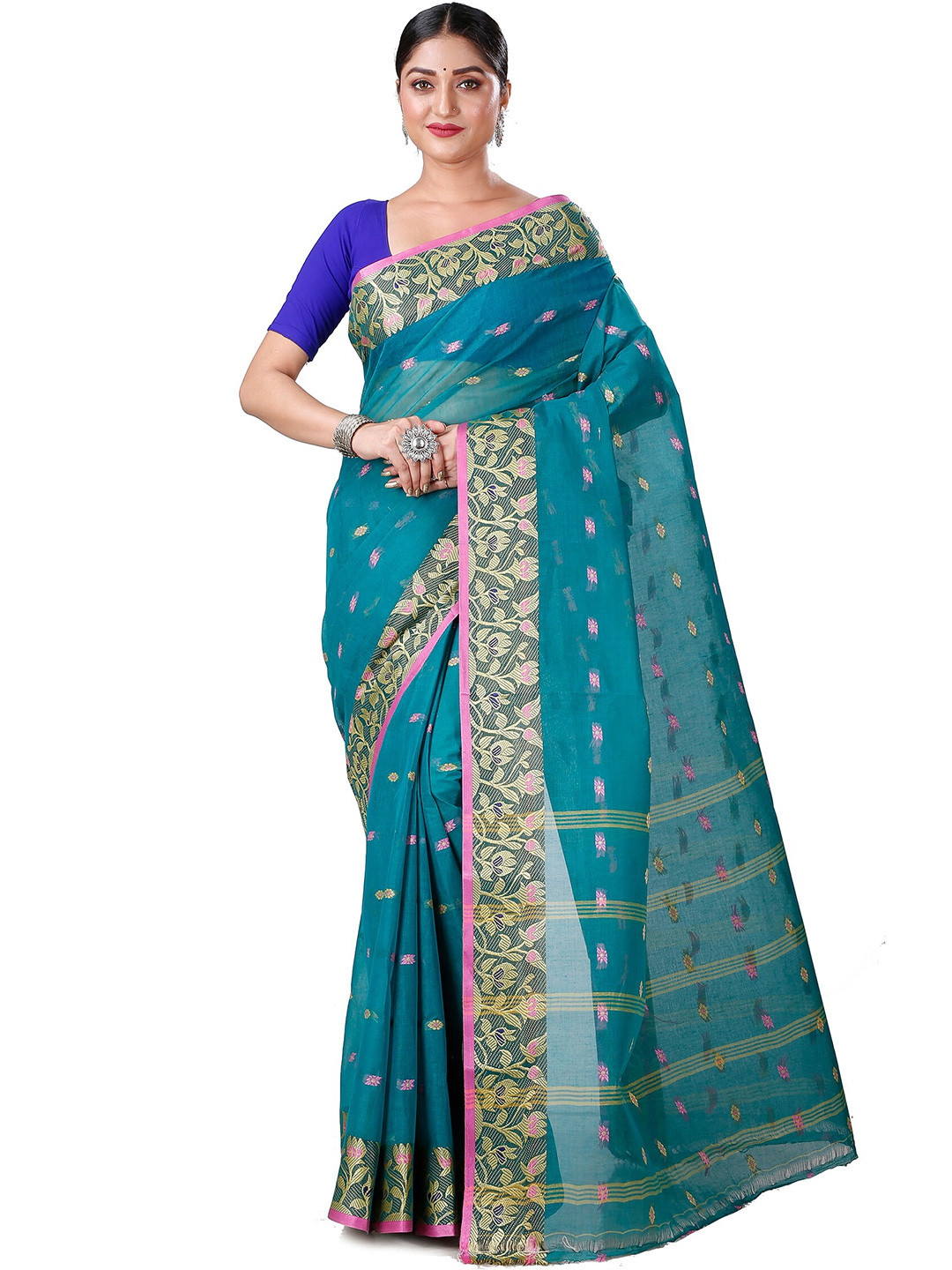 DipDiya Ethnic Motifs Woven Design Zari Pure Cotton Taant Saree