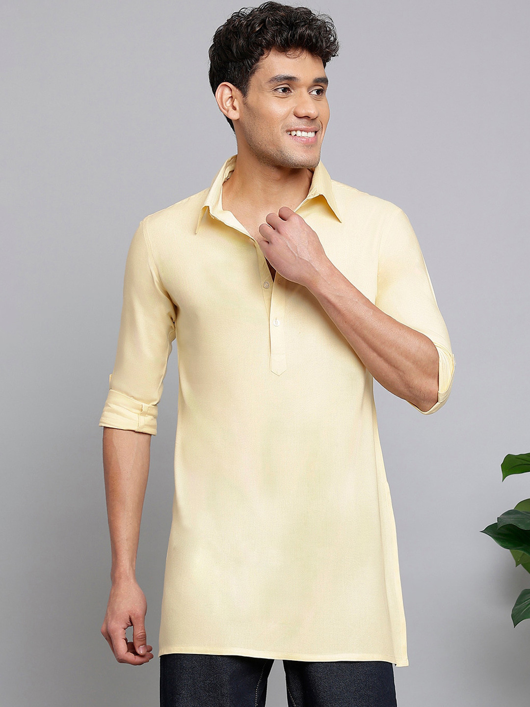 Anouk Yellow Shirt Collar Roll-Up Sleeves Straight Short Kurta