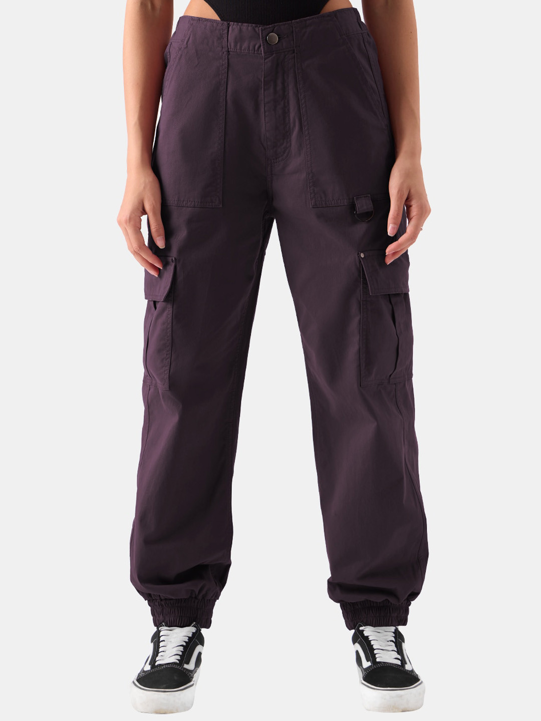 The Souled Store Women Burgundy Mid-Rise Cotton Cargo Joggers