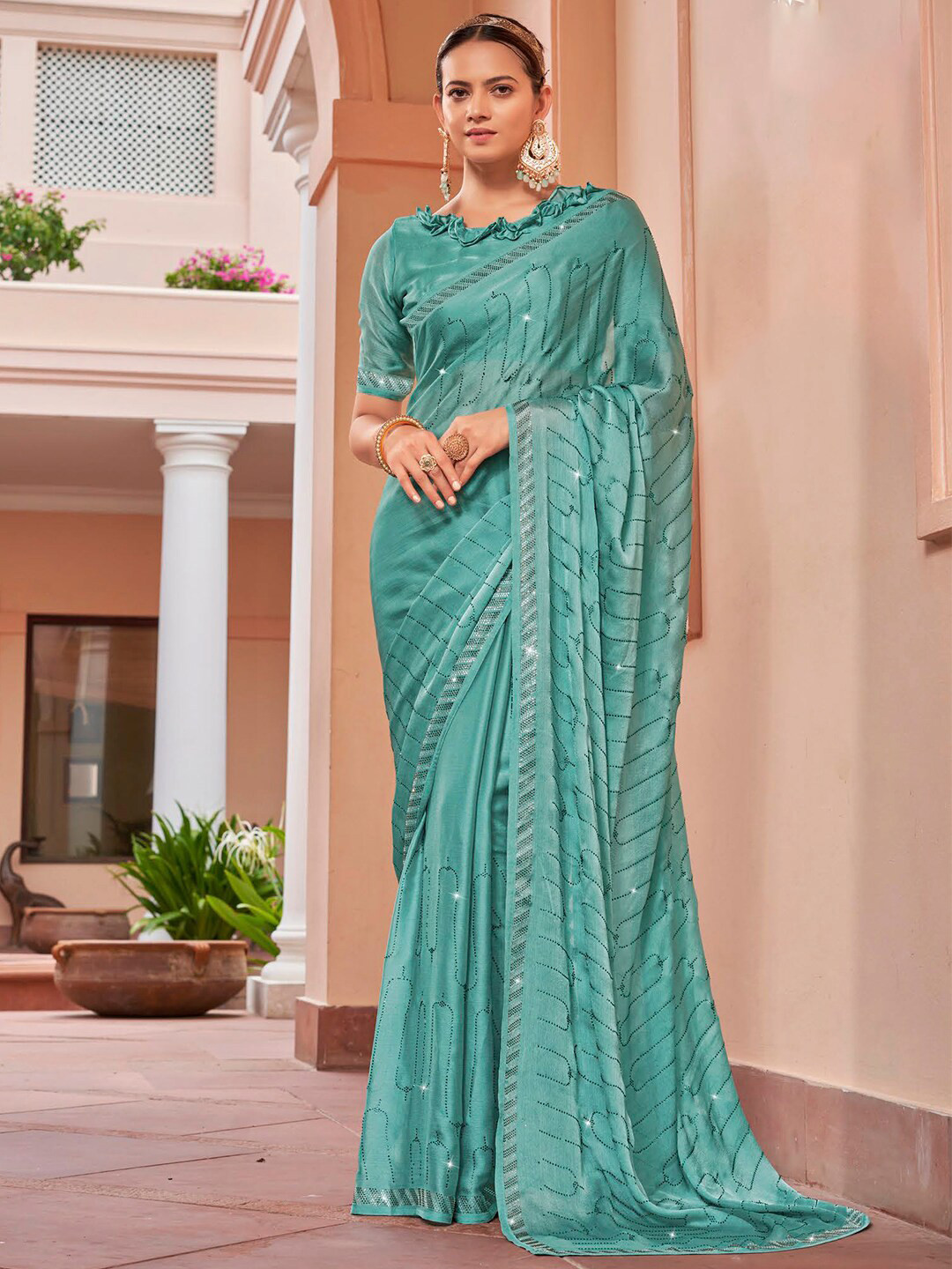 Mitera Sea Sea Green Beads and Stones Embellished Satin Saree