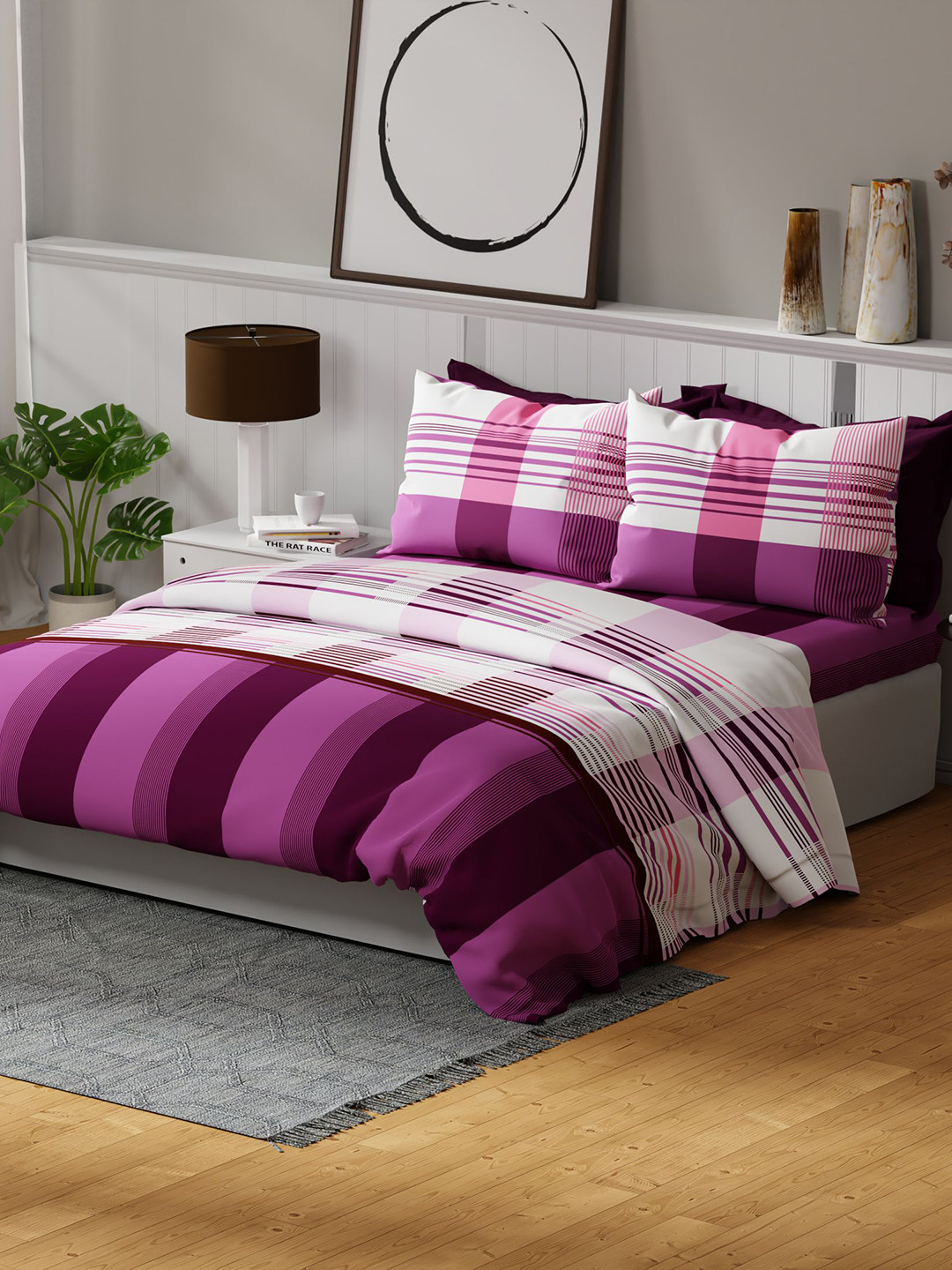 United Colors of Benetton Rainbow Purple Pure Cotton 144 TC King Bedsheet & 2 Pillow Cover