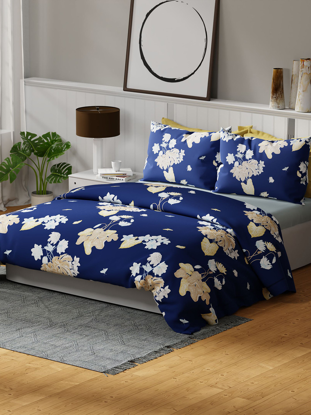 United Colors of Benetton Rainbow Navy Blue Floral Pure Cotton 144 TC King Bedsheet with 2 Pillow Covers-108 x 100 inches